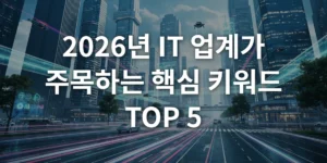2026년 IT 업계를 이끌 핵심 키워드들을 상징하는 미래 도시 풍경