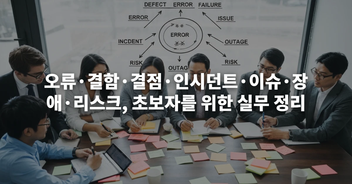 오류·결함·결점·인시던트·이슈·장애·리스크, 초보자를 위한 실무 정리 소프트웨어 테스팅 용어의 관계를 나타내는 이미지