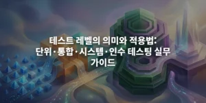 다양한 테스트 레벨을 상징하는 추상적인 기하학적 형태가 융합된 초현실적인 풍경